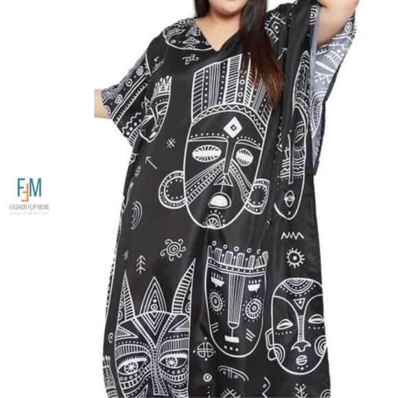 Women's Plus Size Full Length Tribal Print Caftan Maxi Dress OSFA - Picture 4 of 8